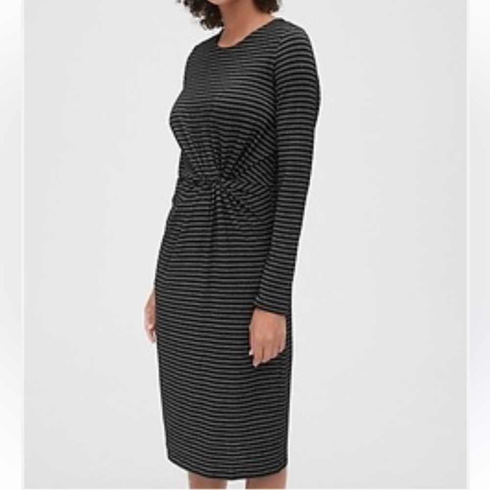 Gap Twist-Knot Front Metallic Striped Long Sleeve Midi Dress Stretch Knit L NWT